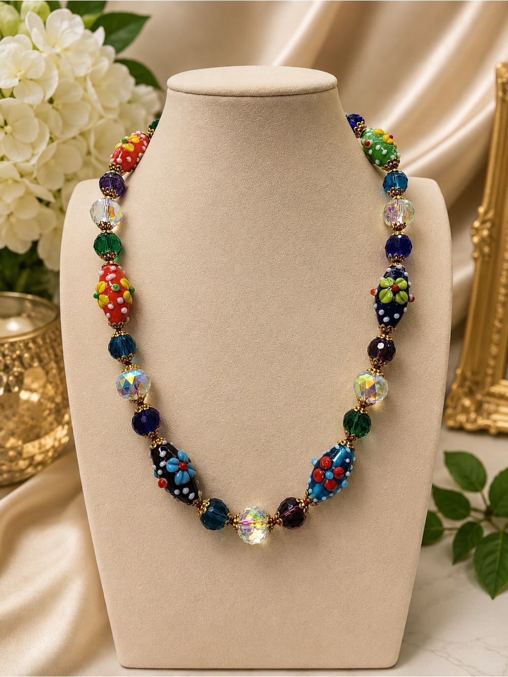 #1 FLASH  Hand-Knotted Aprilsplace Original Flower  Lampwork Glass Necklace